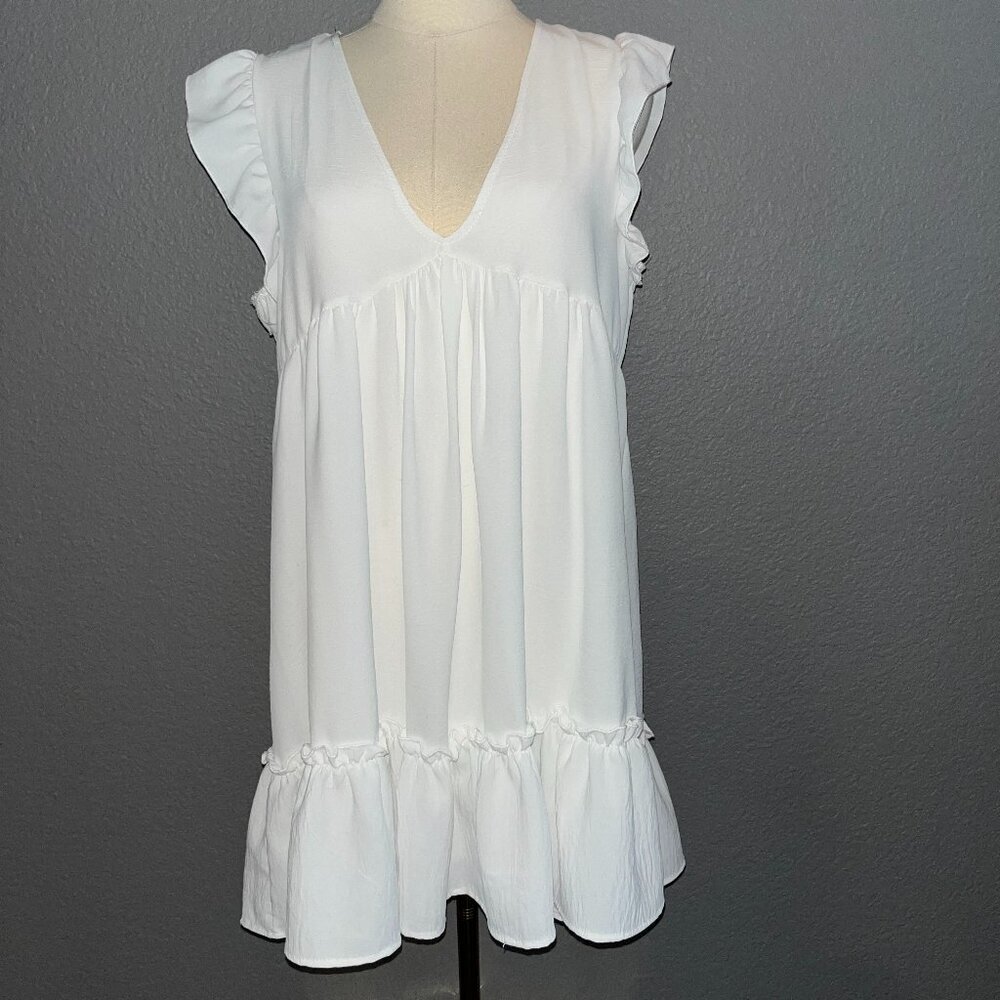 ALTAR'D STATE White BABY DOLL RUFFLE HEM MINI DRESS  V Neck  Flutter Sleeves - M